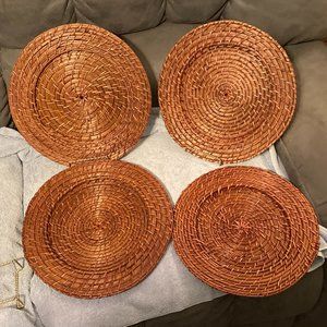 Vintage Wicker Rattan Chargers Plate Holders Set Of 4 Brown-12.5" Dia.-EUC